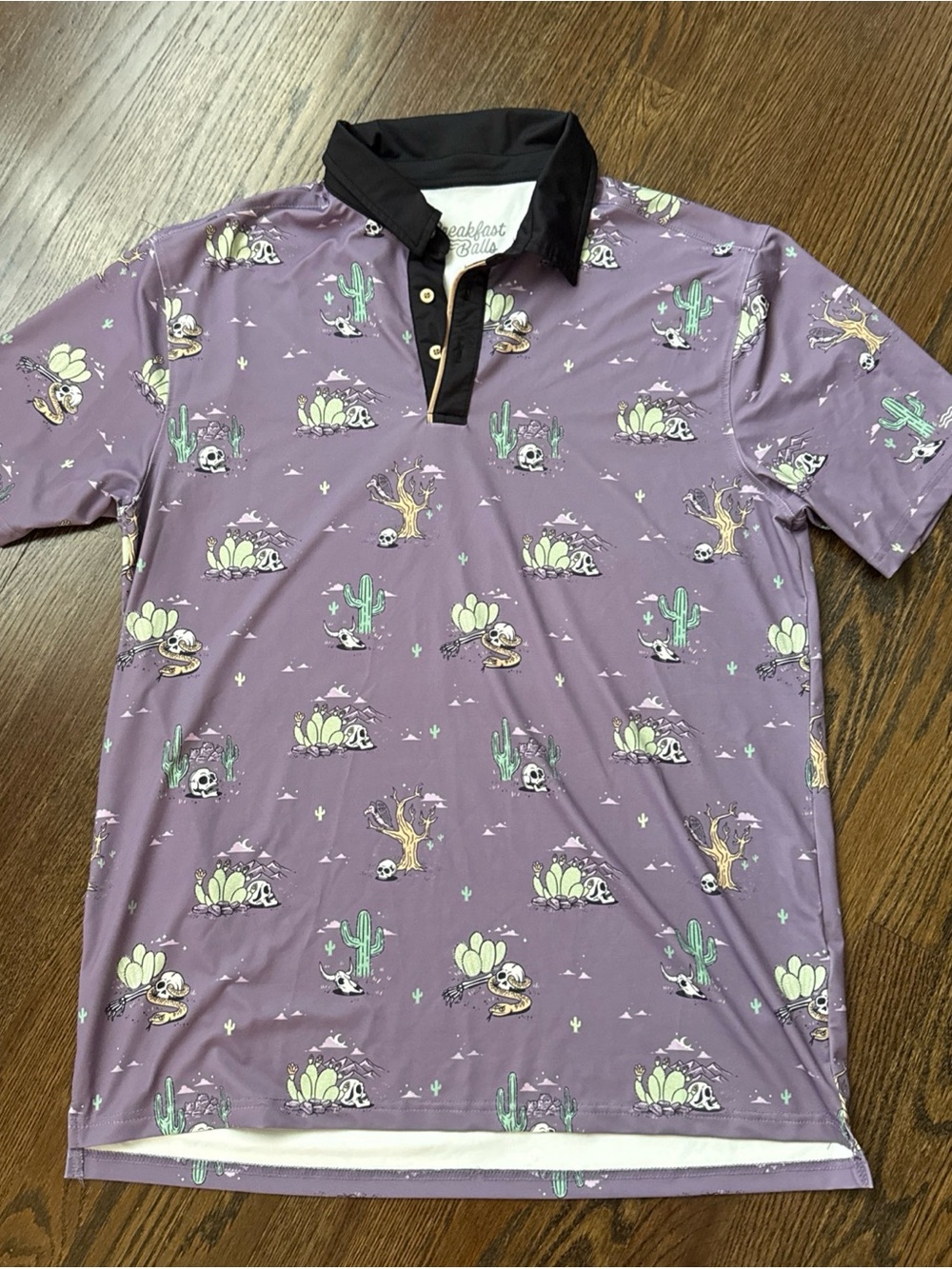 Breakfast Balls RSVLTS Men's Purple Polo Shirt, Skulls and Cactus Size Large